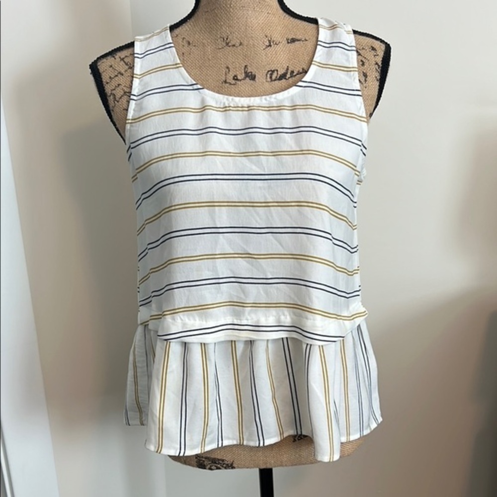 Hem & Thread - Striped Sleeveless Peplum Top - White, Black, Gold. Size Medium